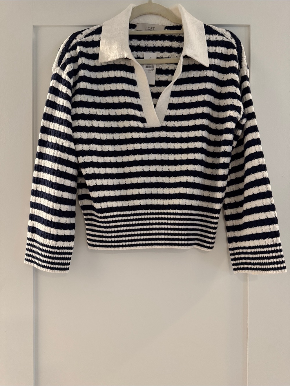 NWT LOFT Navy and White Striped V‑Neck 3/4 Wide Sleeve Polo Sweater | Size XS